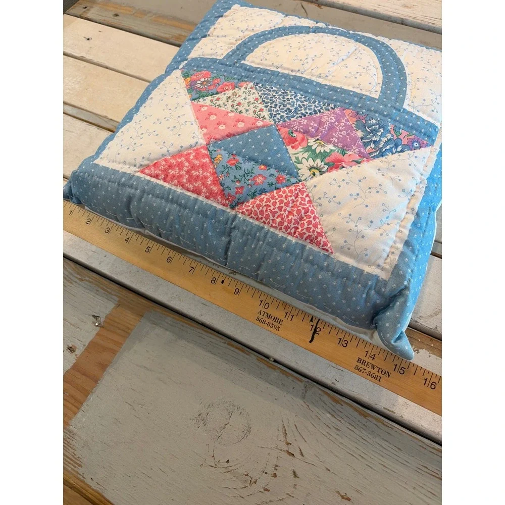 Handmade Quilted Basket Patchwork Throw Pillow Blue Floral Cottagecore